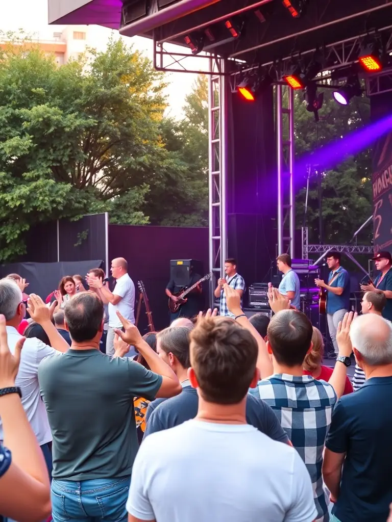 A vibrant photo capturing a live music performance at a FORGIVE FORGIVE community concert, showcasing diverse musicians and an engaged audience.