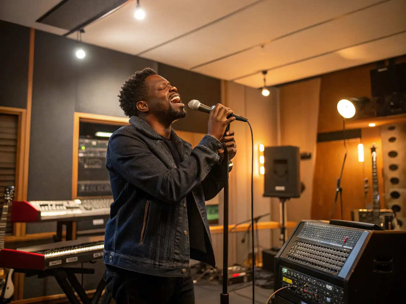 A photo of a recording session at a professional studio, highlighting the support FORGIVE FORGIVE provides to emerging artists.