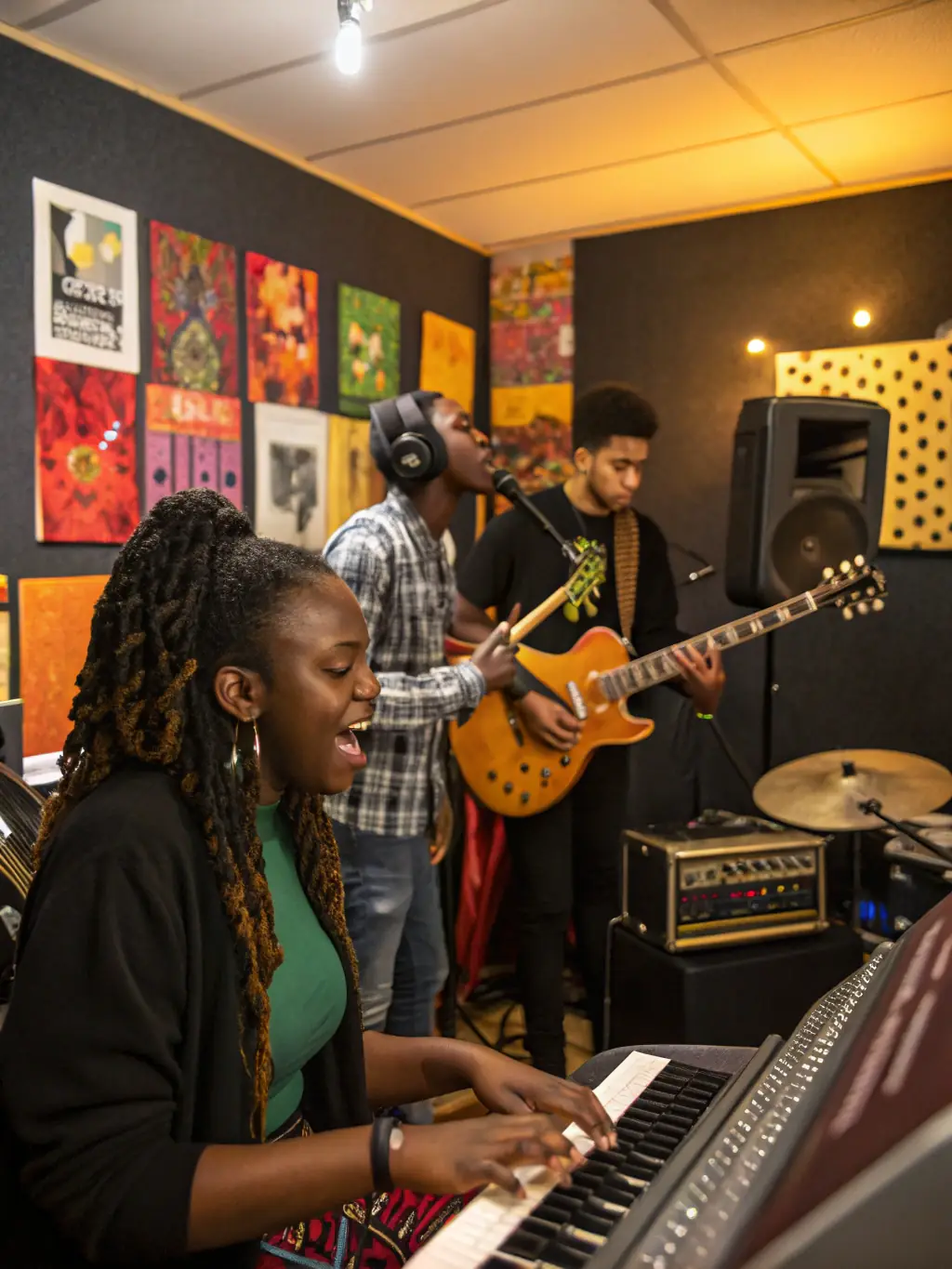 A diverse group of musicians collaborating on a new musical piece, showcasing the inclusive and collaborative environment fostered by FORGIVE FORGIVE's programs.