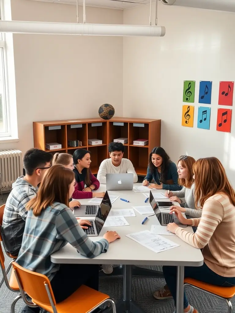 A group of young musicians participating in a workshop led by a seasoned professional, focusing on honing their skills and developing their artistic potential, as part of FORGIVE FORGIVE's program.