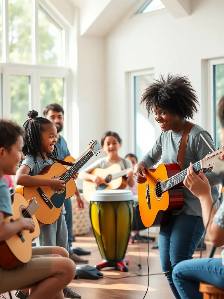 A group of volunteers organizing musical instruments for donation, highlighting FORGIVE FORGIVE's commitment to providing resources for musicians.