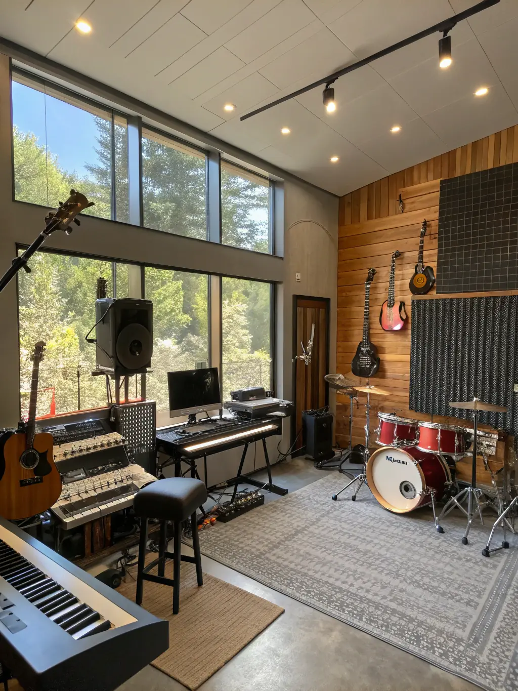 A professional recording studio with young musicians working alongside experienced sound engineers, capturing high-quality audio for their original compositions, supported by FORGIVE FORGIVE's initiative.