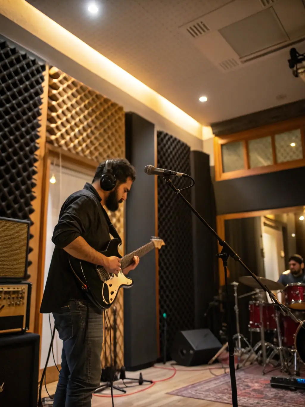 A photo of a recording session in a professional studio, featuring young musicians working with experienced sound engineers, highlighting FORGIVE FORGIVE's support for emerging artists.