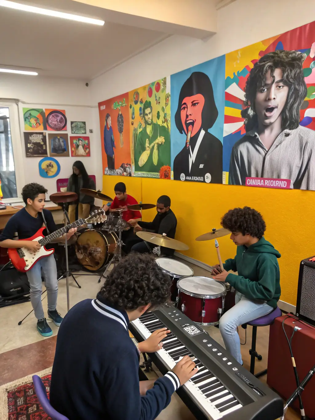 A photo of young musicians participating in a FORGIVE FORGIVE workshop, showing them learning and collaborating with experienced mentors.
