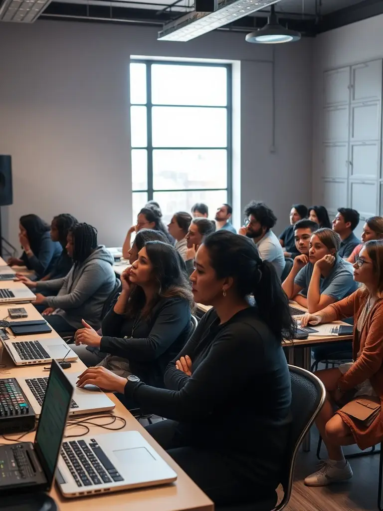 A group of musicians participating in a workshop led by a renowned artist, demonstrating FORGIVE FORGIVE's commitment to artistic development and mentorship.
