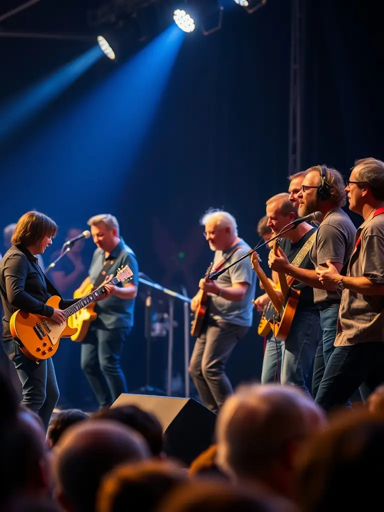 A vibrant photo of a community concert organized by FORGIVE FORGIVE, showcasing local musicians performing on stage with an enthusiastic audience.