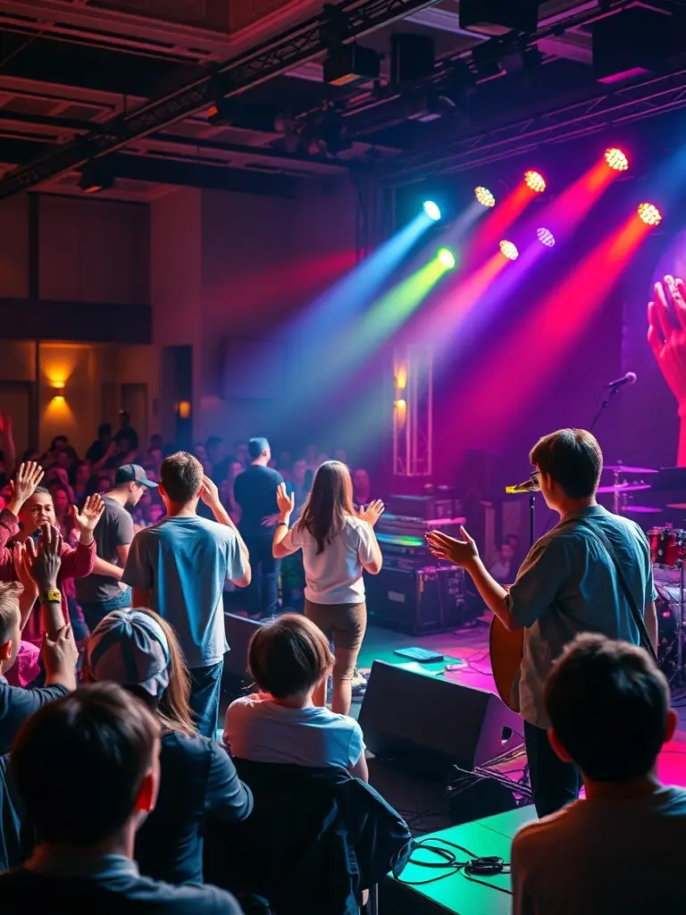 A vibrant photo of a live concert organized by FORGIVE FORGIVE, showcasing musicians on stage and an engaged audience, capturing the energy and community spirit of the event.