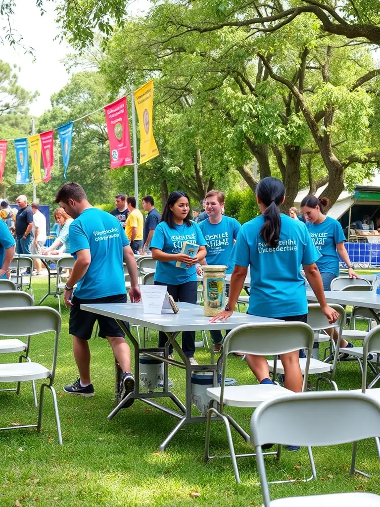 A photo of volunteers setting up for a community music event, showcasing the collaborative effort and community involvement that FORGIVE FORGIVE promotes.